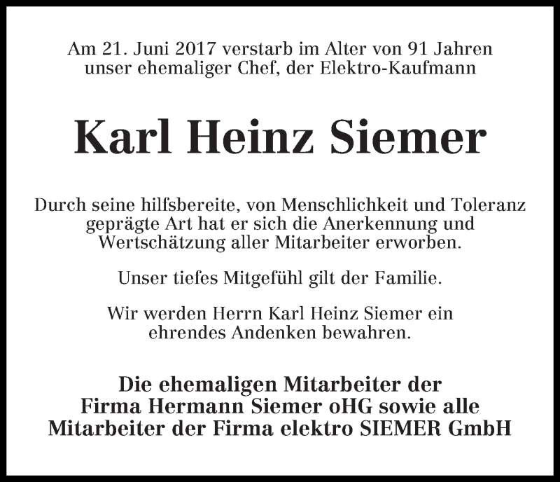  Traueranzeige für Karl Heinz Siemer vom 24.06.2017 aus WESER-KURIER