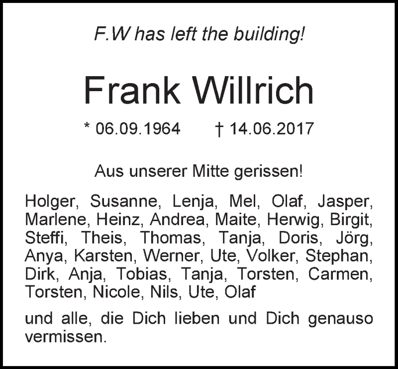  Traueranzeige für Frank Willrich vom 24.06.2017 aus WESER-KURIER