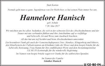 Traueranzeige von Hannelore Hanisch
