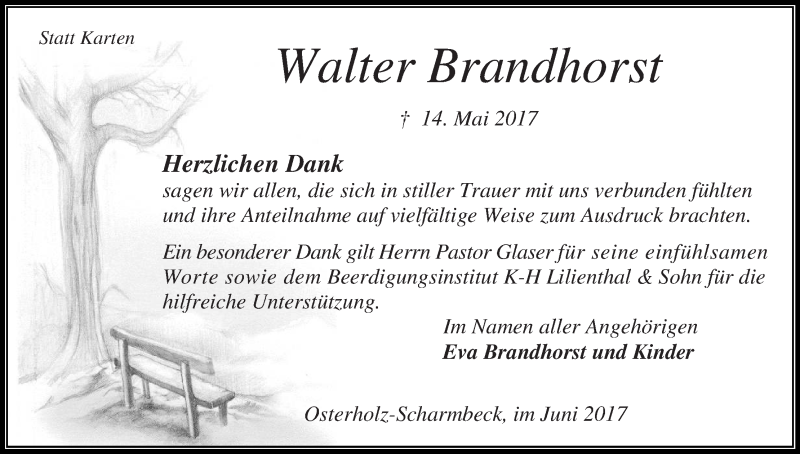  Traueranzeige für Walter Brandhorst vom 24.06.2017 aus Osterholzer Kreisblatt