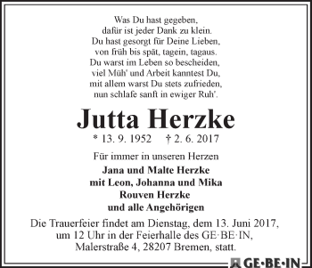 Traueranzeige von Jutta Herzke