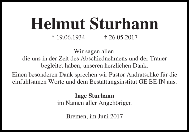  Traueranzeige für Helmut Sturhann vom 24.06.2017 aus WESER-KURIER