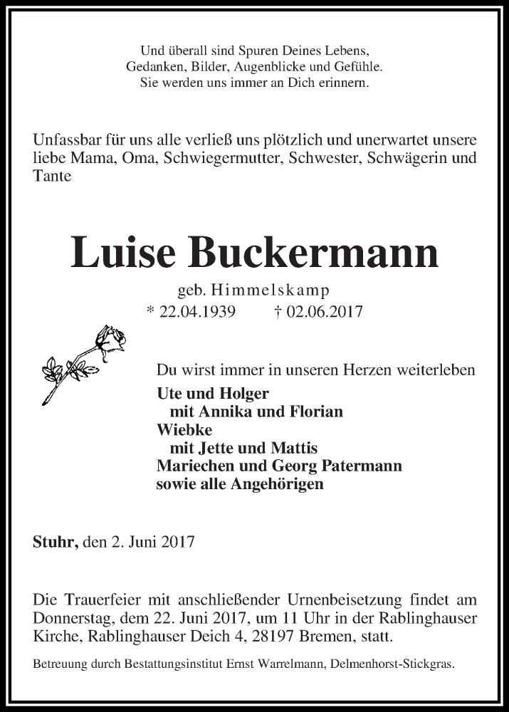 Traueranzeige von Luise Buckermann von WESER-KURIER