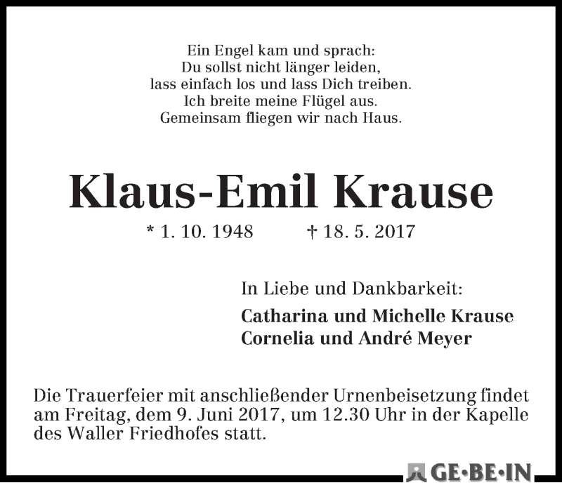  Traueranzeige für Klaus-Emil Krause vom 03.06.2017 aus WESER-KURIER