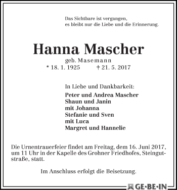 Traueranzeige von Hanna Mascher