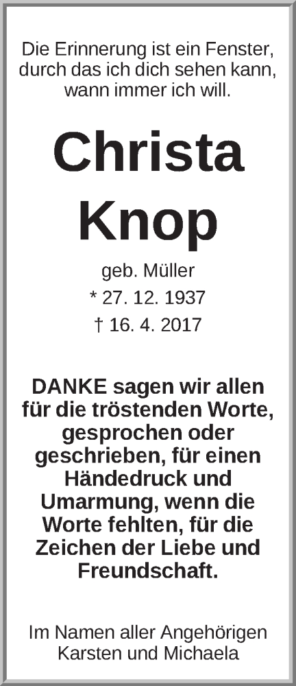Traueranzeige von Christa Knop von WESER-KURIER