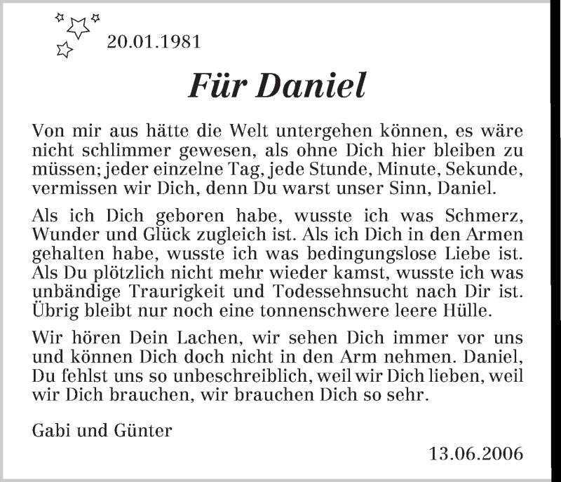  Traueranzeige für Daniel Meink vom 13.06.2017 aus WESER-KURIER