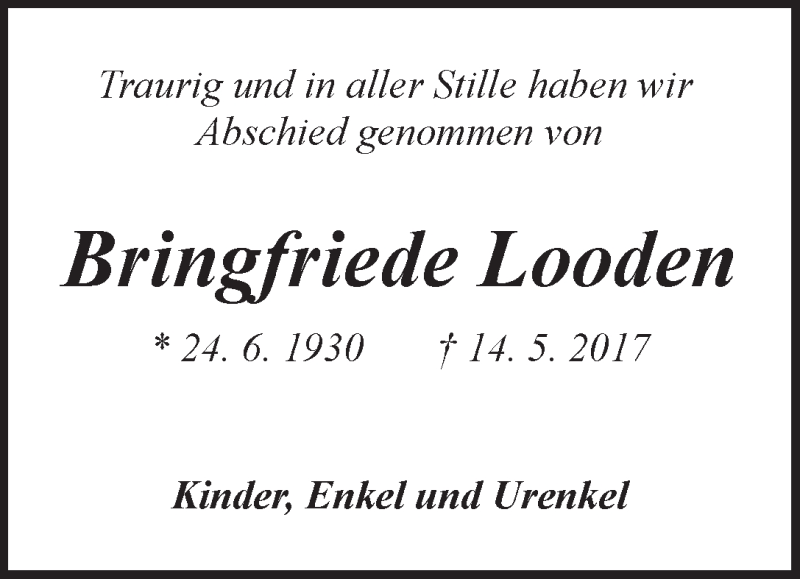  Traueranzeige für Bringfriede Looden vom 10.06.2017 aus WESER-KURIER