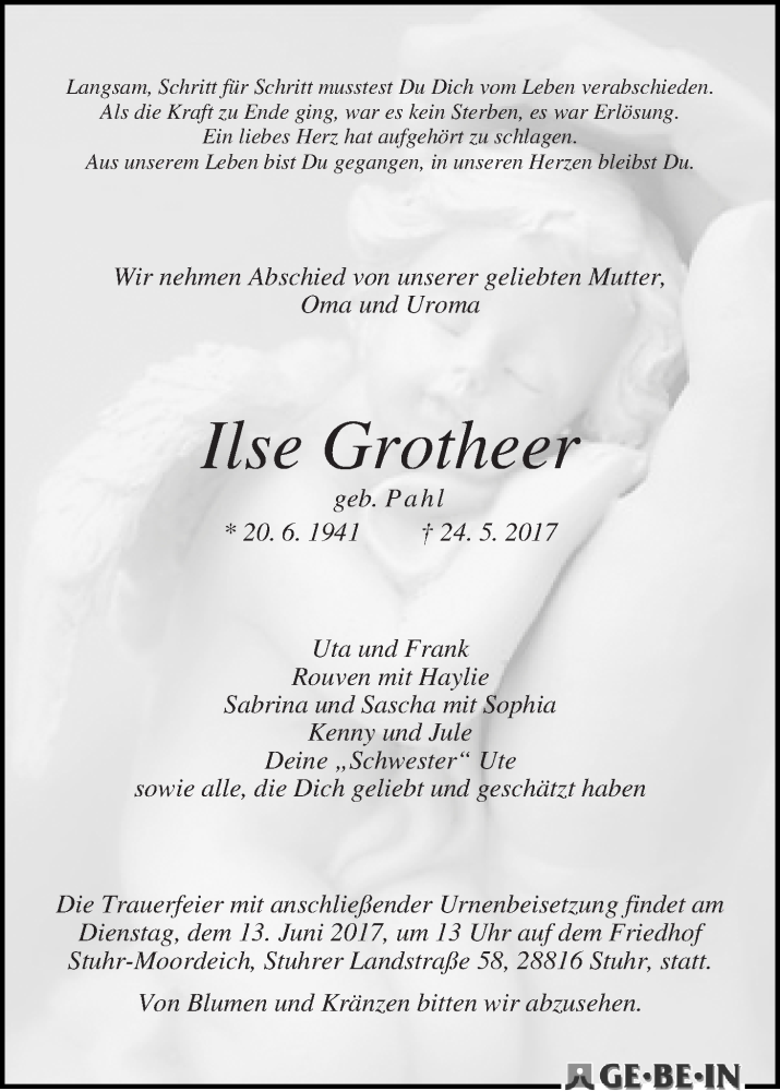  Traueranzeige für Ilse Grotheer vom 03.06.2017 aus WESER-KURIER