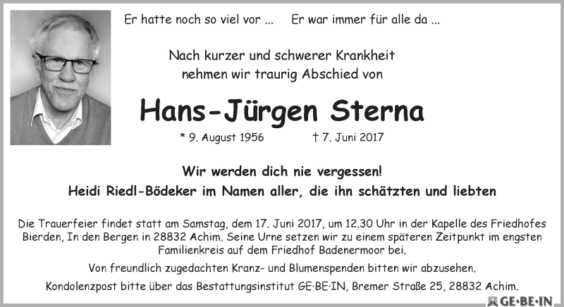  Traueranzeige für Hans-Jürgen Sterna vom 10.06.2017 aus WESER-KURIER