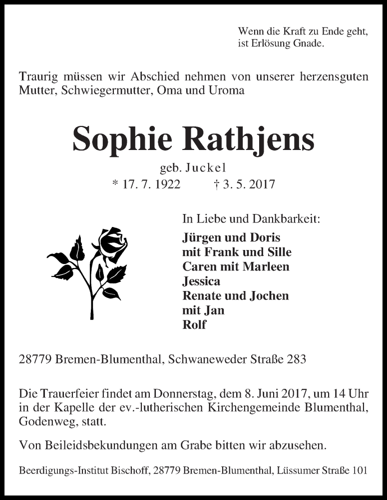 Traueranzeige von Sophie Rathjens von Die Norddeutsche