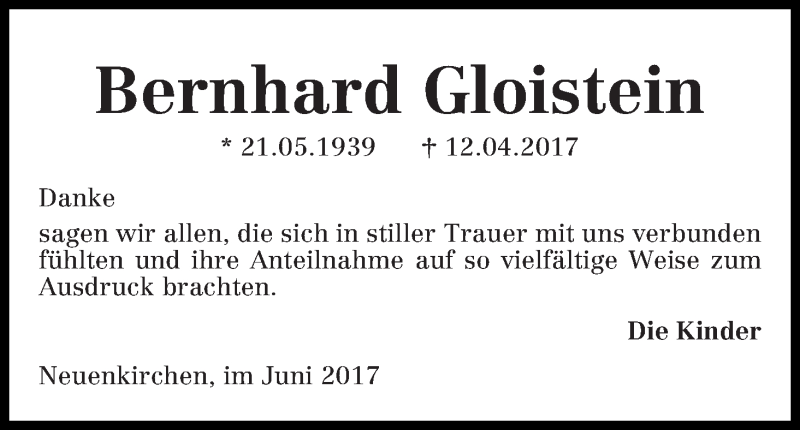 Traueranzeige von Bernhard Gloistein von Die Norddeutsche