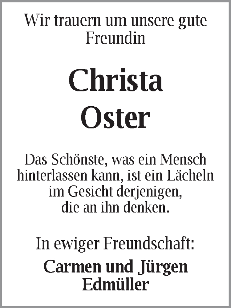 Traueranzeige für Christa Oster vom 20.06.2017 aus Die Norddeutsche