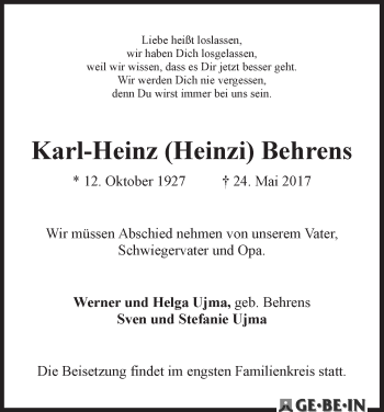 Traueranzeige von Karl-Heinz (Heinzi) Behrens