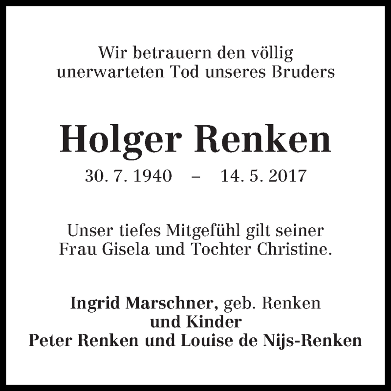  Traueranzeige für Holger Renken vom 10.06.2017 aus WESER-KURIER