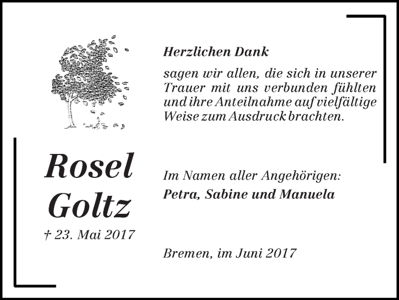  Traueranzeige für Rosel Goltz vom 17.06.2017 aus Die Norddeutsche
