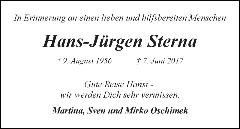  Traueranzeige für Hans-Jürgen Sterna vom 10.06.2017 aus WESER-KURIER