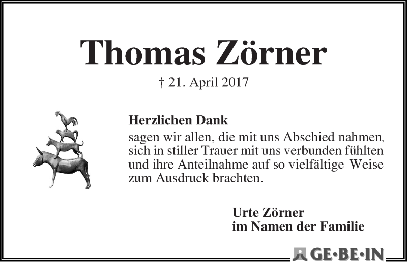 Traueranzeige von Thomas Zörner von WESER-KURIER