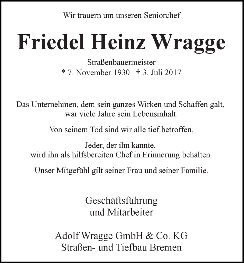  Traueranzeige für Friedel Heinz Wragge vom 06.07.2017 aus WESER-KURIER