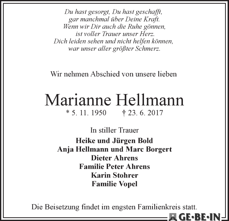  Traueranzeige für Marianne Hellmann vom 01.07.2017 aus WESER-KURIER