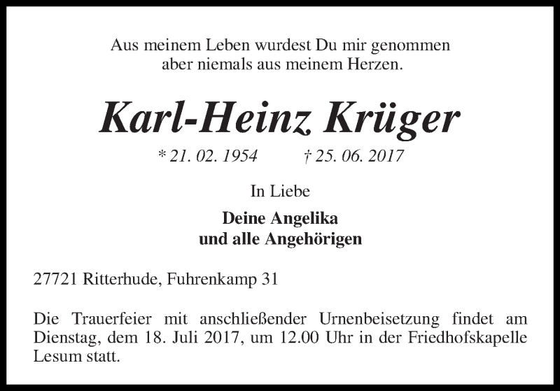 Traueranzeigen von Karl-Heinz Krüger | Trauer & Gedenken