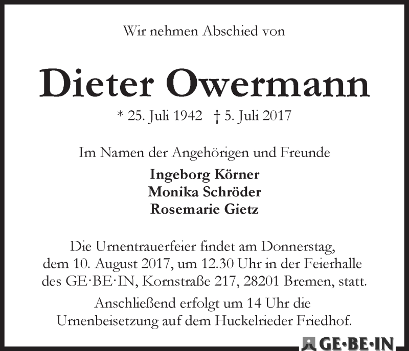  Traueranzeige für Dieter Owermann vom 22.07.2017 aus WESER-KURIER