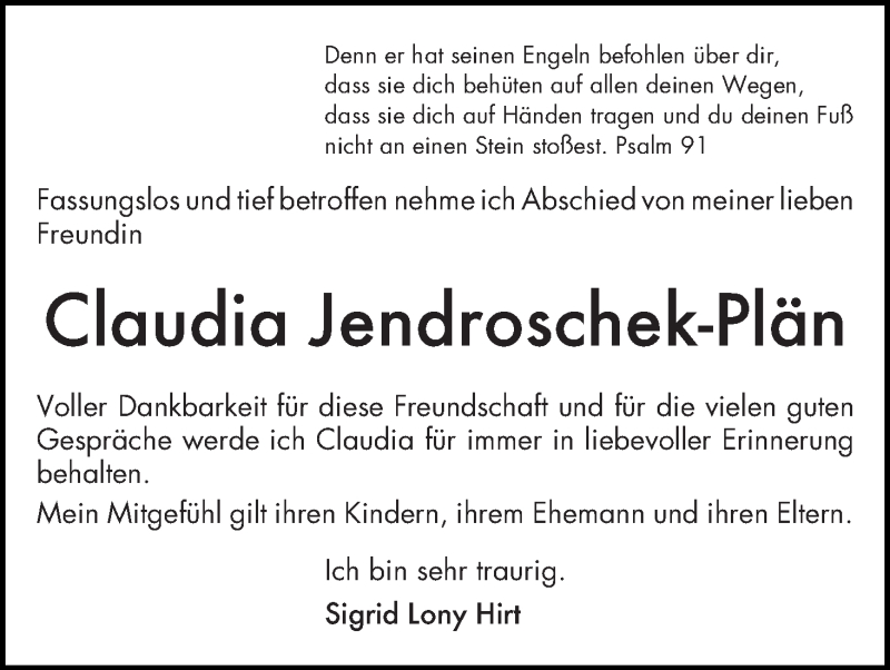  Traueranzeige für Claudia Jendroschek-Plän vom 22.07.2017 aus WESER-KURIER