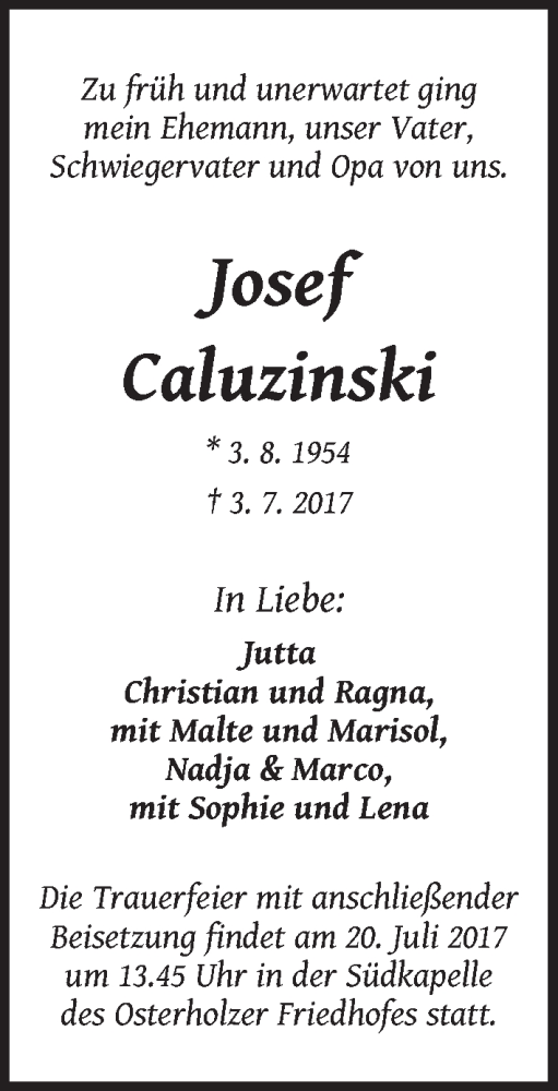  Traueranzeige für Josef Caluzinski vom 15.07.2017 aus WESER-KURIER