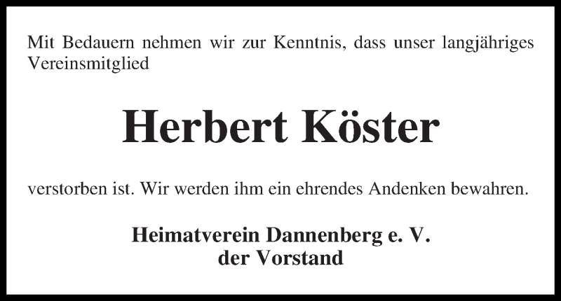 Traueranzeige von Herbert Köster von Wuemme Zeitung