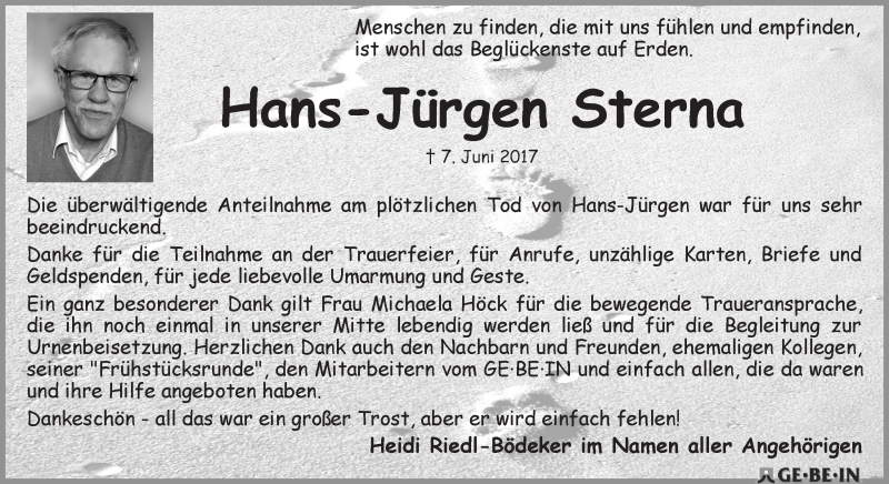  Traueranzeige für Hans-Jürgen Sterna vom 01.07.2017 aus WESER-KURIER