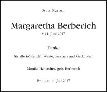 Traueranzeige von Margaretha Berberich