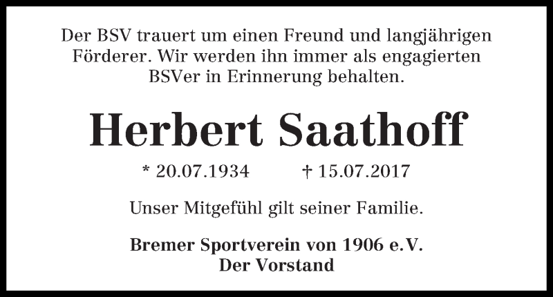  Traueranzeige für Herbert Saathoff vom 20.07.2017 aus WESER-KURIER