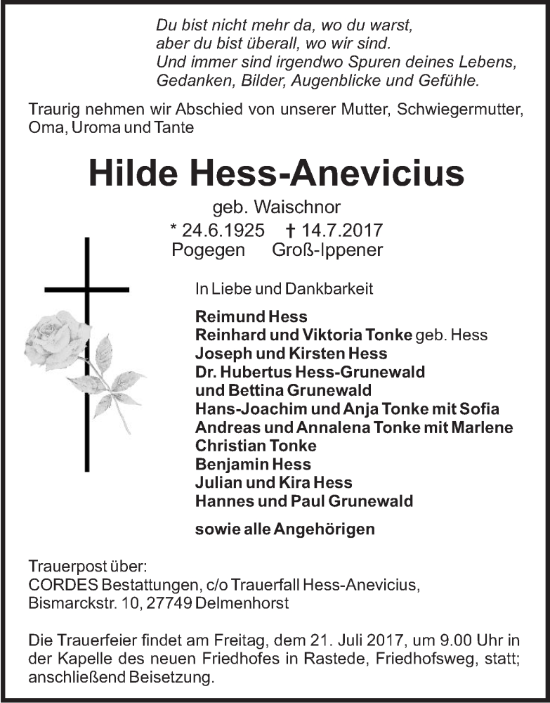 Traueranzeige von Hilde Hess-Anevicius von WESER-KURIER