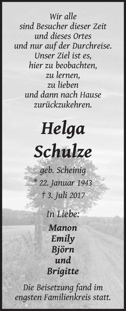  Traueranzeige für Helga Schulze vom 15.07.2017 aus WESER-KURIER