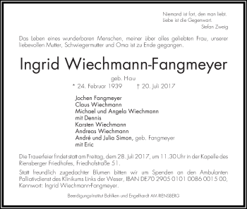 Traueranzeige von Ingrid Wiechmann-Fangmeyer