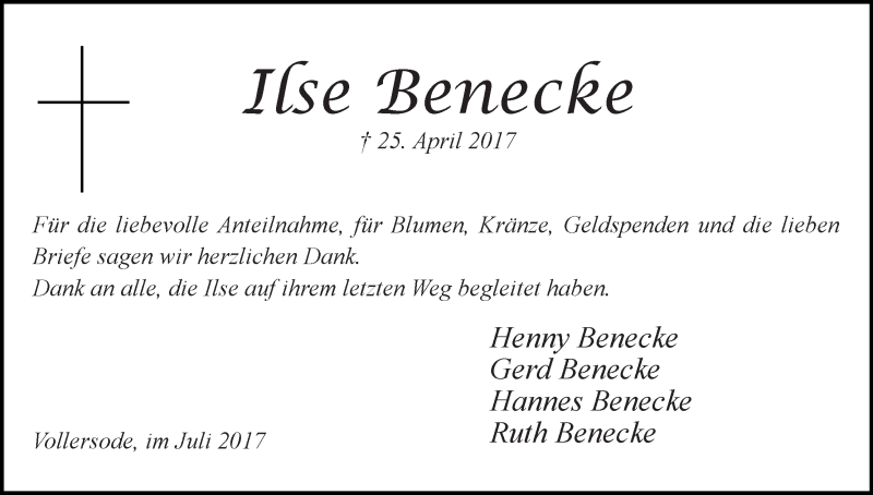 Traueranzeige von Ilse Benecke von Osterholzer Kreisblatt