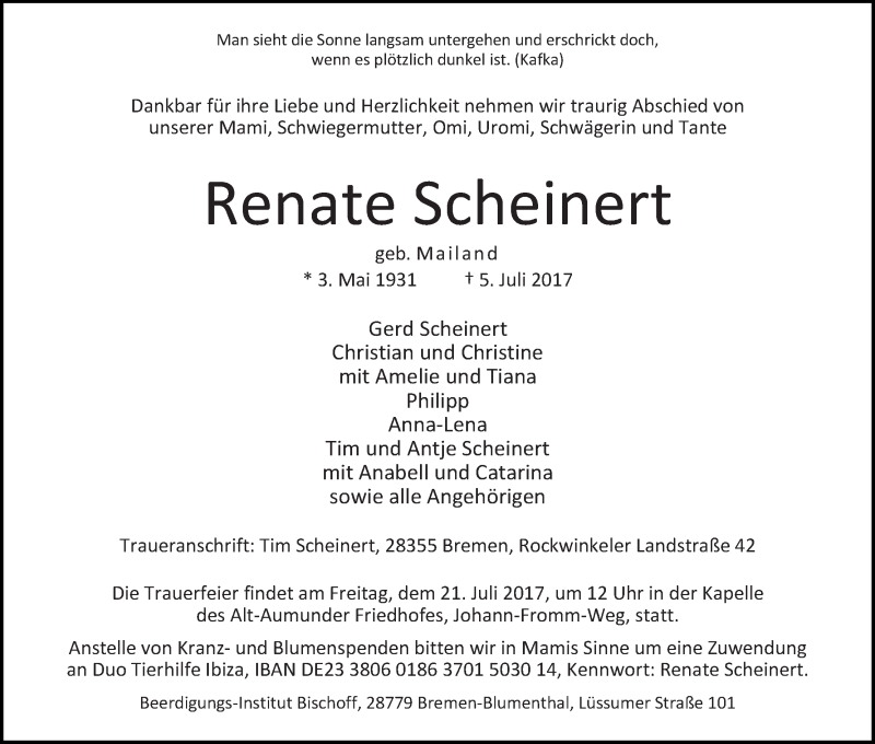  Traueranzeige für Renate Scheinert vom 15.07.2017 aus WESER-KURIER