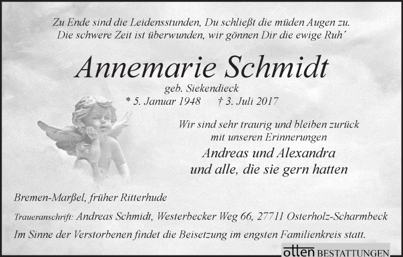  Traueranzeige für Annemarie Schmidt vom 05.07.2017 aus Osterholzer Kreisblatt