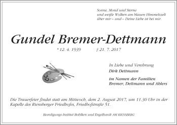 Traueranzeige von Gundel Bremer-Dettmann