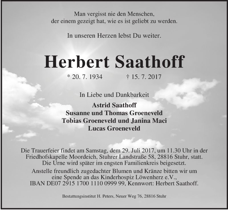  Traueranzeige für Herbert Saathoff vom 19.07.2017 aus WESER-KURIER