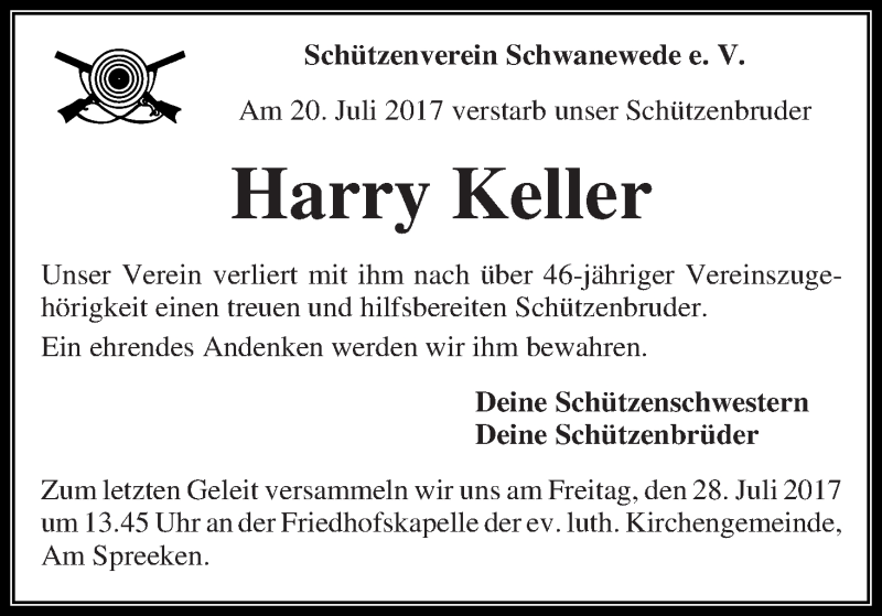 Traueranzeige von Harry Keller von Die Norddeutsche