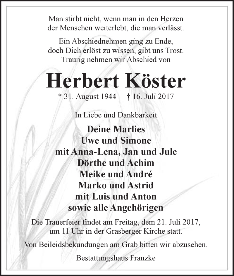 Traueranzeige von Herbert Köster von Wuemme Zeitung