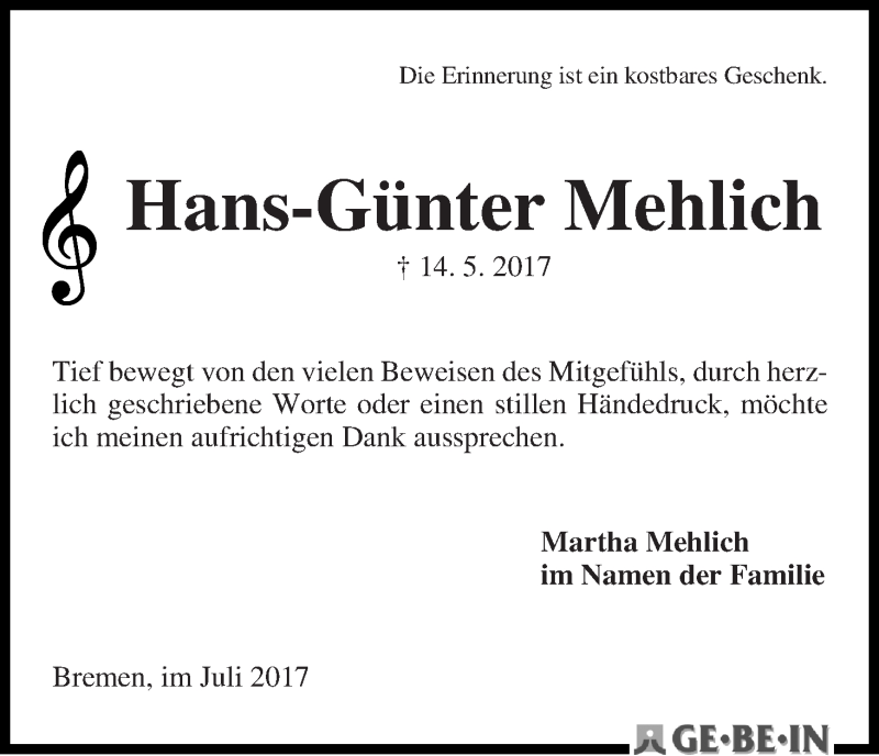  Traueranzeige für Hans-Günter Mehlich vom 01.07.2017 aus Die Norddeutsche