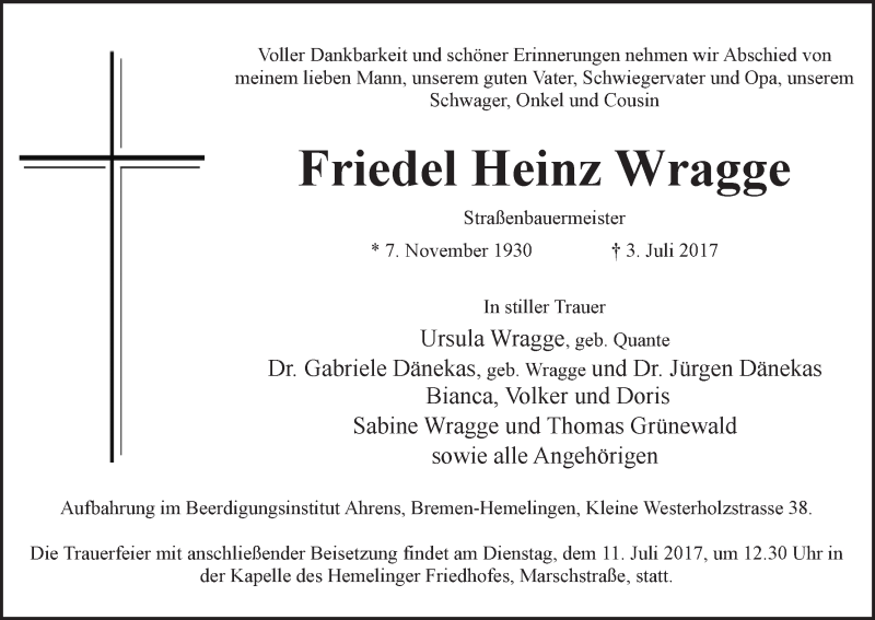  Traueranzeige für Friedel Heinz Wragge vom 06.07.2017 aus WESER-KURIER