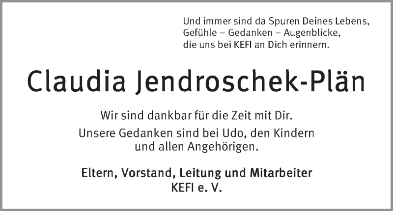  Traueranzeige für Claudia Jendroschek-Plän vom 22.07.2017 aus WESER-KURIER