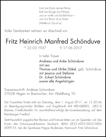 Traueranzeige von Fritz Heinrich Manfred Schönduve