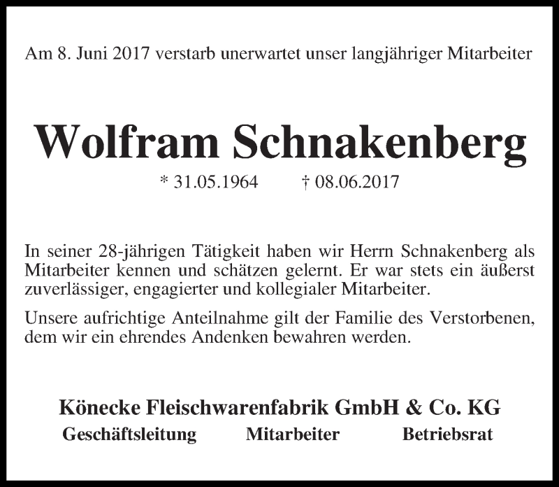  Traueranzeige für Wolfram Schnakenberg vom 15.07.2017 aus Osterholzer Kreisblatt