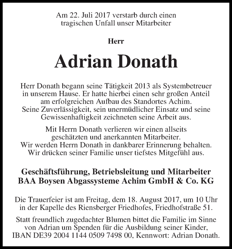  Traueranzeige für Adrian Donath vom 29.07.2017 aus WESER-KURIER