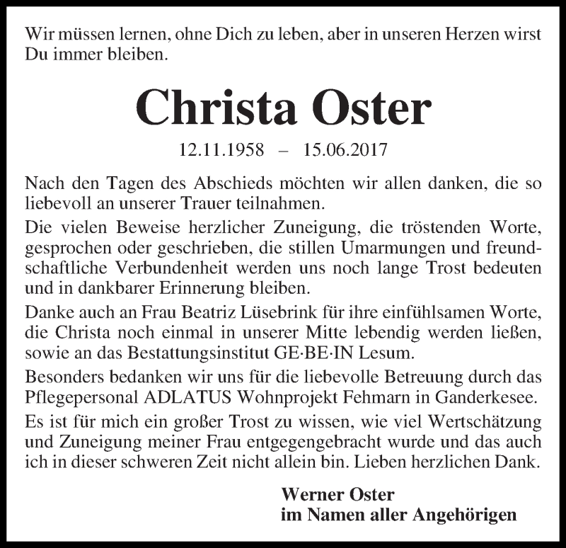 Traueranzeige von Christa Oster von Die Norddeutsche