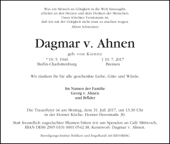 Traueranzeige von Dagmar v. Ahnen